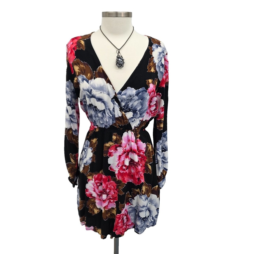 Staccato Womens M Black Floral Faux Wrap V-Neck Long Sleeve Mini Dress Boho
